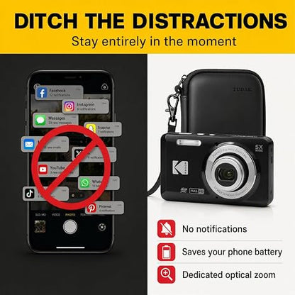 Kodak PIXPRO FZ55 Black 16MP CMOS Sensor Digital Camera 5X Optical Zoom 28mm Wide Angle 1080P Full HD Video 2.7" LCD Vlogging Camera Bundle with Tudak Compatible Case, 32GB SD Card & Microfiber Cloth