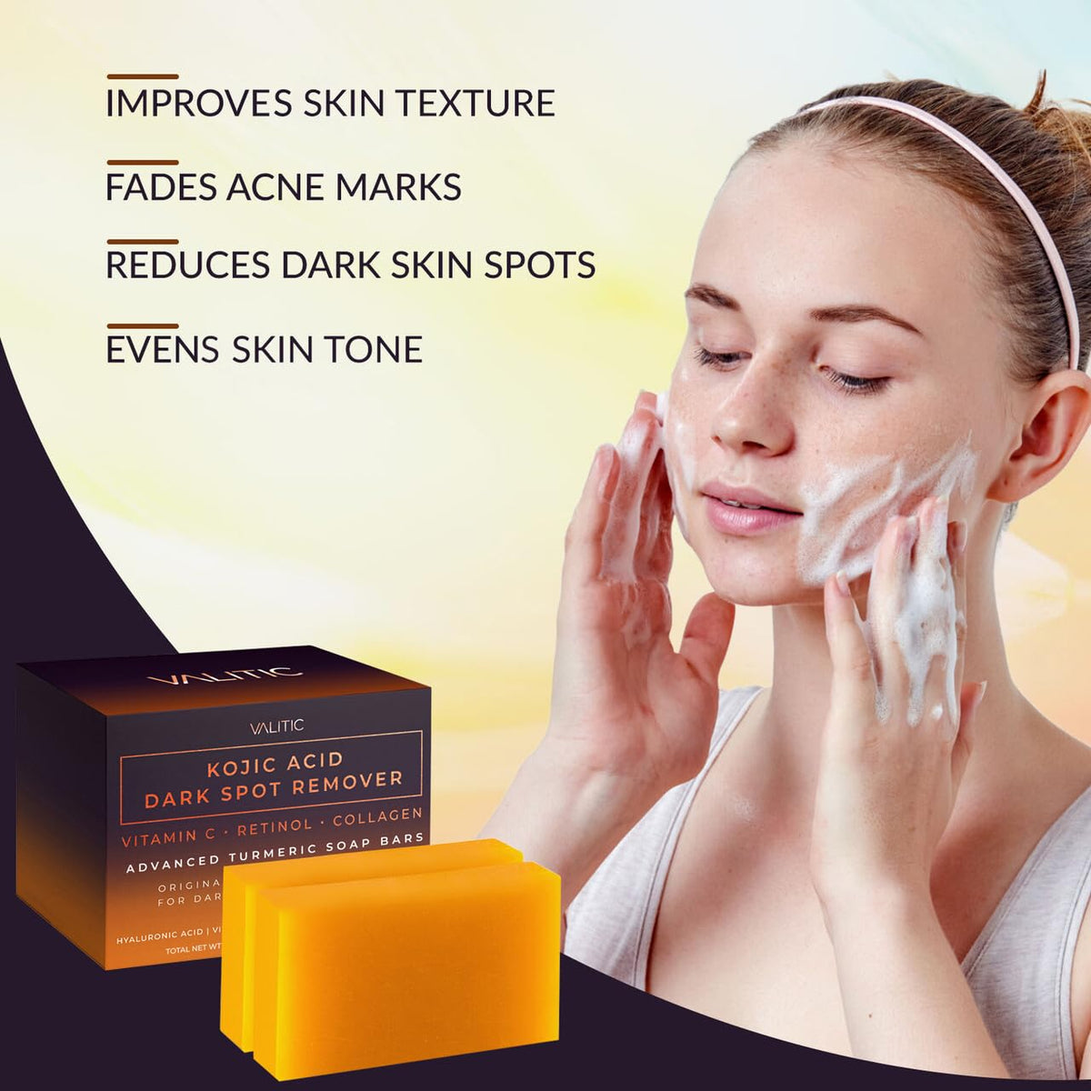 VALITIC Kojic Acid Dark Spot Remover Soap Bars, Turmeric Bar Soaps 4 Pack