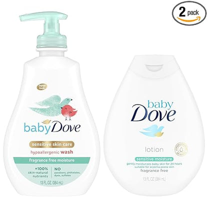Dove Baby Sensitive Skin Care Bundle – Hypoallergenic Wash & Baby Lotion, Fragrance Free Moisture, Gift Set, 13 Oz Ea (2 Piece Set)