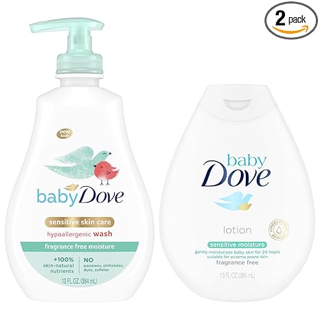 Dove Baby Sensitive Skin Care Bundle – Hypoallergenic Wash & Baby Lotion, Fragrance Free Moisture, Gift Set, 13 Oz Ea (2 Piece Set)