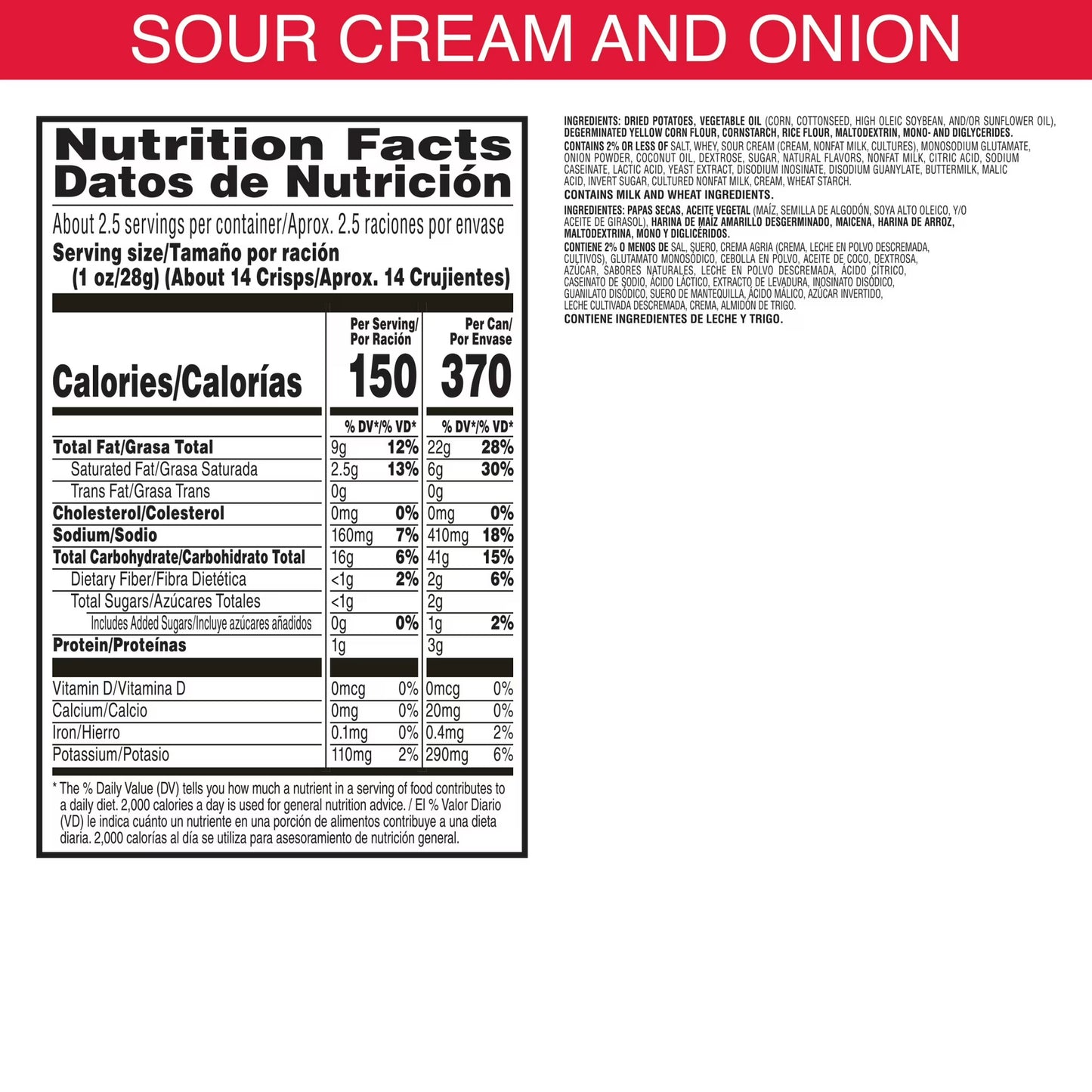 Pringles Sour Cream and Onion Potato Crisps Chips, Lunch Snacks, 2.5 oz Canister