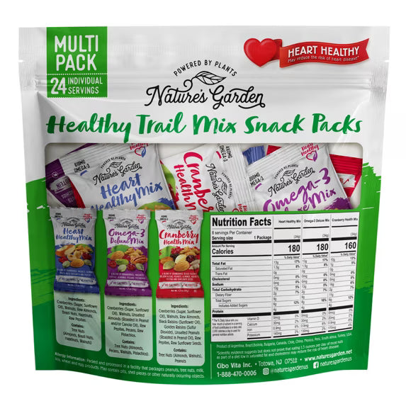 Nature's Garden Healthy Trail Mix Snack Pack 28.8oz (1.2oz x 24) - Pack of 4 - Heart Healthy, Plant-Based, Gluten-Free Nut & Fruit Blend with Cranberries – Daily Snack for Adults & Kids