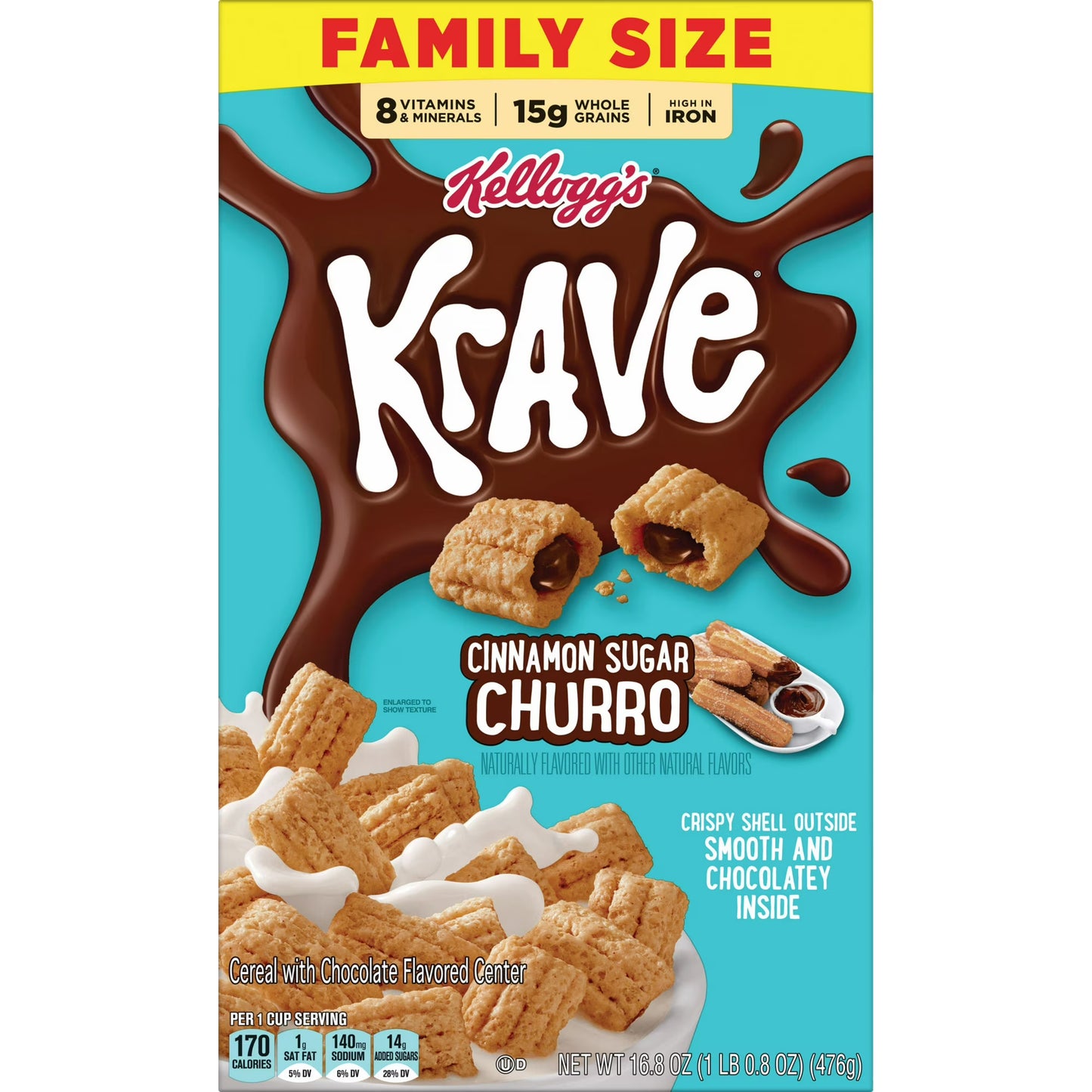 Kellogg's Krave Cinnamon Sugar Churro Breakfast Cereal Family Size Box, 16.8 oz
