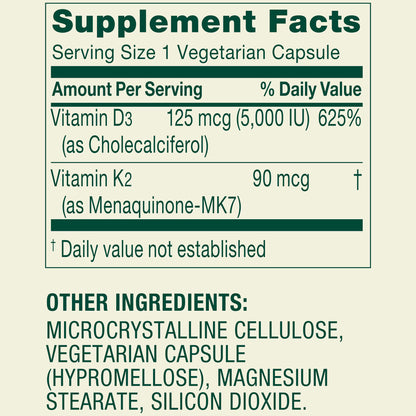 (3 pack) Spring Valley Vitamin K2 90 Mcg + D3 125 Mcg Vegetarian Capsules, 90 Count
