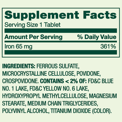 Spring Valley Iron General Health & Wellness Dietary Supplement Tablets, 65 mg, 100 Count
