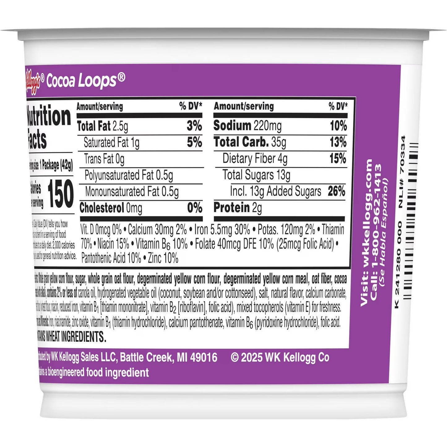 Kellogg's Cocoa Loops Original Breakfast Cereal, Good Source of Fiber Cup, 1.5 oz