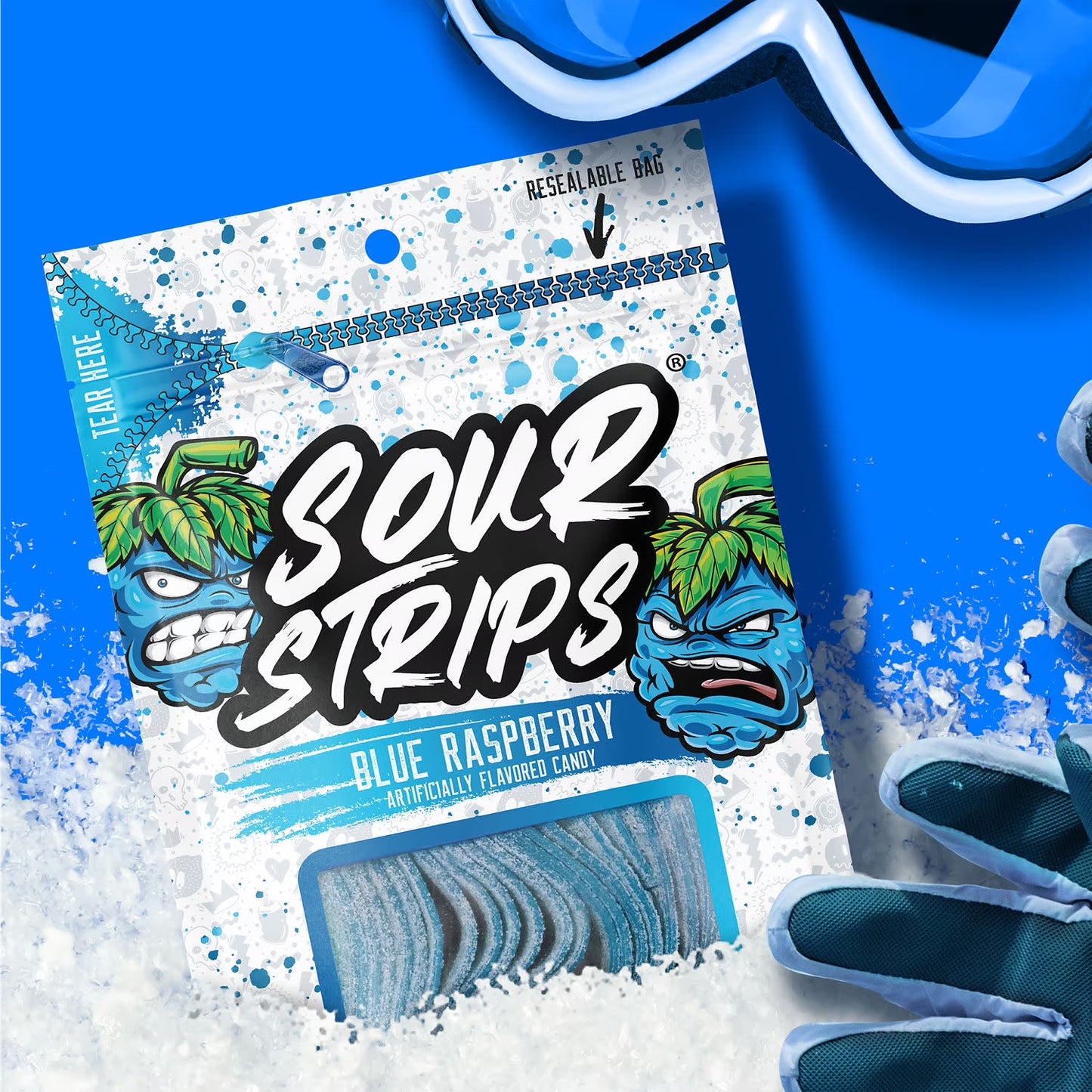 Sour Strips Blue Raspberry Flavored Chewy, Sour Candy Bag, 3.4 oz