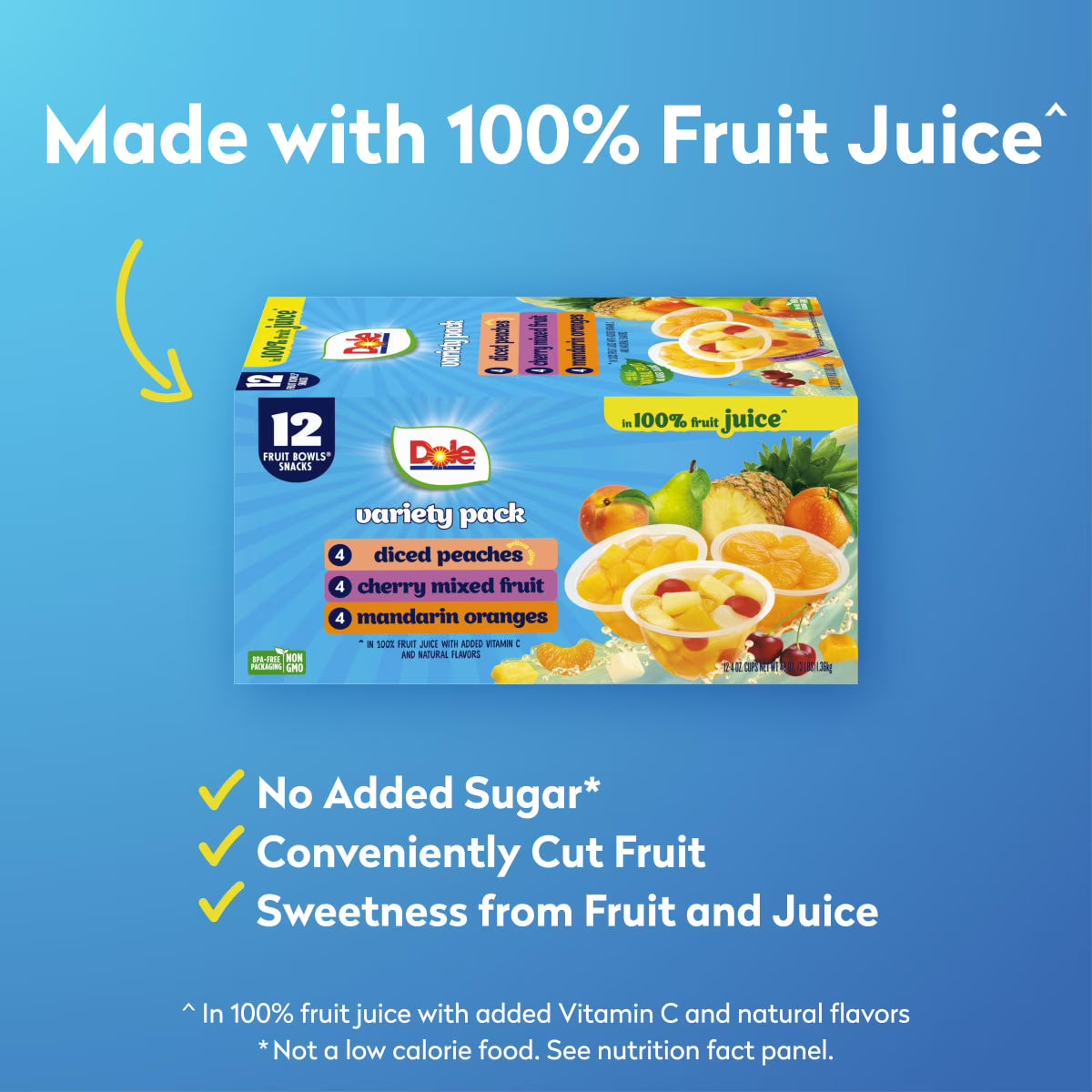 Dole Fruit Bowls Peaches, Mandarin Oranges, Cherry Mixed Fruit in 100% Fruit Juice, 4 oz (12 Pack)