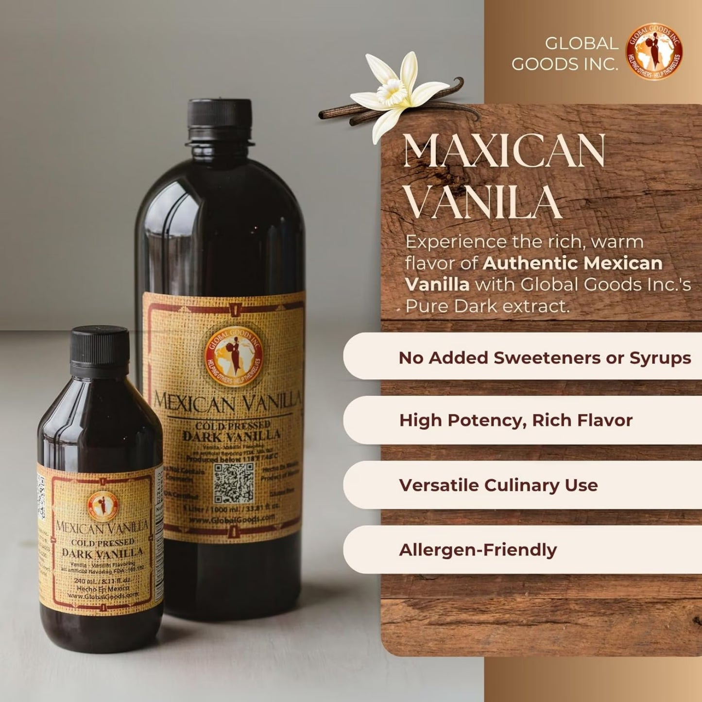 Pure Dark Mexican Vanilla Extract Gluten Free Vanilla for Baking Cakes, Cookies, Desserts, Coffee & Beverages Natural, Bold Flavour 240ml / 8.12 fl oz bottle