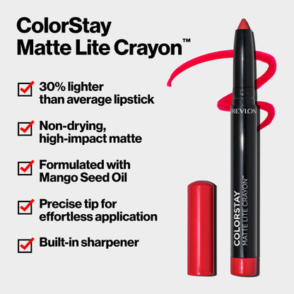 Revlon ColorStay Matte Lite Crayon Lipstick with Built-in Sharpener, Smudgeproof, Water-Resistant Non-Drying Lipcolor, 003 SoufflÃ© All Day, 0.049 oz