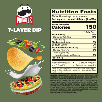 Pringles 7-Layer Dip Potato Crisps Chips, Lunch Snacks, 5.5 oz Canister