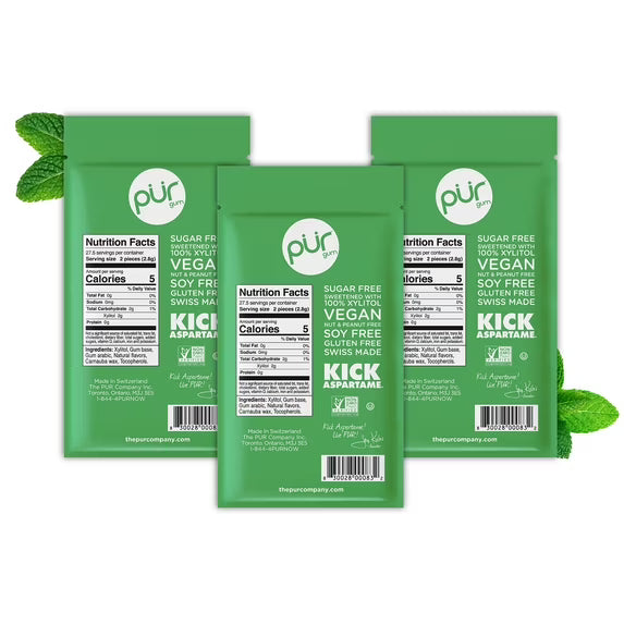 PUR Gum, Aspartame Free, Sugar Free & 100% Xylitol, Spearmint Chewing Gum, 55 Pieces, Pack of 3