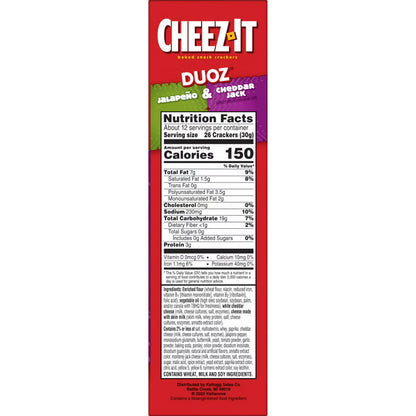 Cheez-It DUOZ Jalapeño and Cheddar Jack Baked Snack Crackers, Lunch Snacks, 12.4 oz