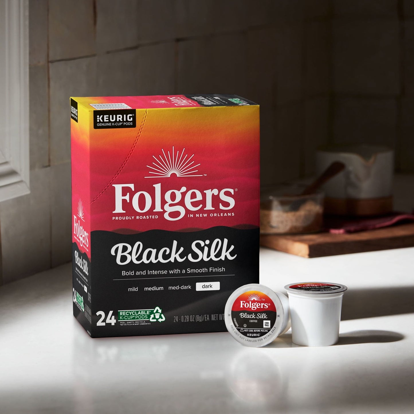 Folgers Black Silk, Dark Roast Coffee, Keurig K Cup Pods, 24 Count Box