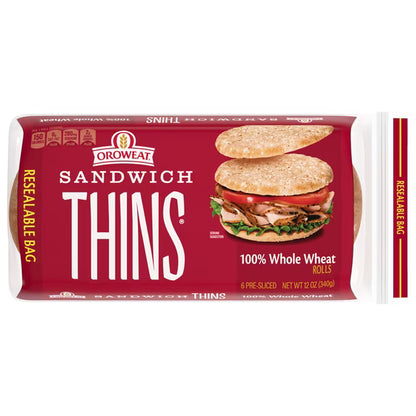 Oroweat Sandwich Thins 100% Whole Wheat Rolls, 6 count, 4g Fiber, 30g Whole Grains Thin Sandwich Bread, 12 oz Bag