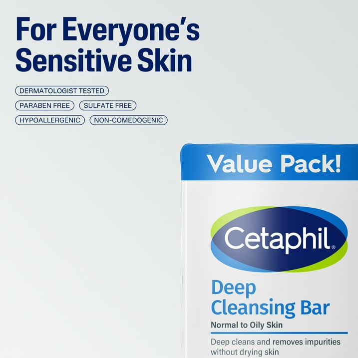 Cetaphil Deep Cleansing Face and Body Bar for Dry to Normal, Sensitive Skin Value Pack, 4.5 oz (Pack of 3)