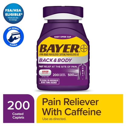Bayer Back and Body Extra Strength Aspirin 500 mg, Pain Reliever With Caffeine, 200 Coated Caplets