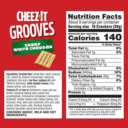 Cheez-It Grooves Sharp White Cheddar Crunchy Cheese Crackers, Snack Crackers, 9 oz