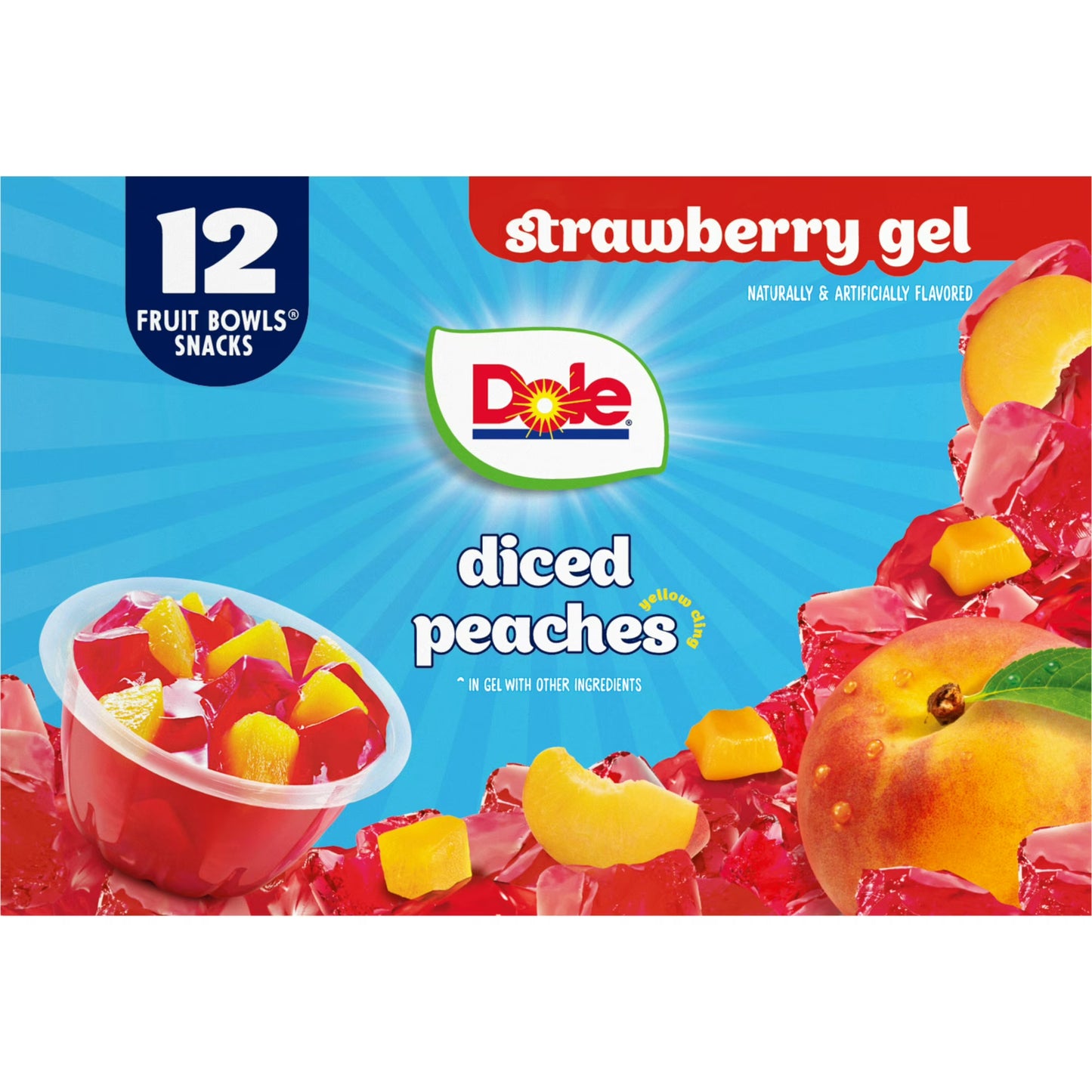Dole Fruit Bowls Diced Peaches in Strawberry Gel, 4.3 oz Cups (12 Pack)