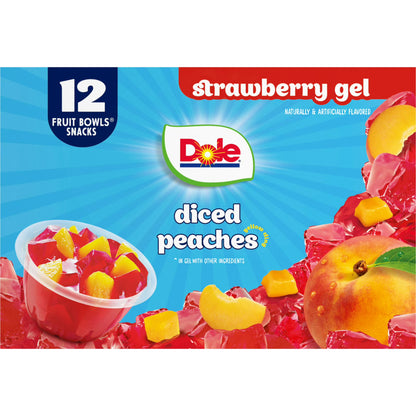 Dole Fruit Bowls Diced Peaches in Strawberry Gel, 4.3 oz Cups (12 Pack)