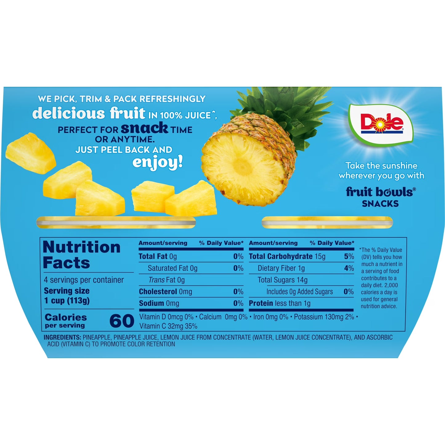 (4 pack) Dole Fruit Bowls Pineapple Tidbits in 100% Fruit Juice, 4 oz Cups (4 Pack)