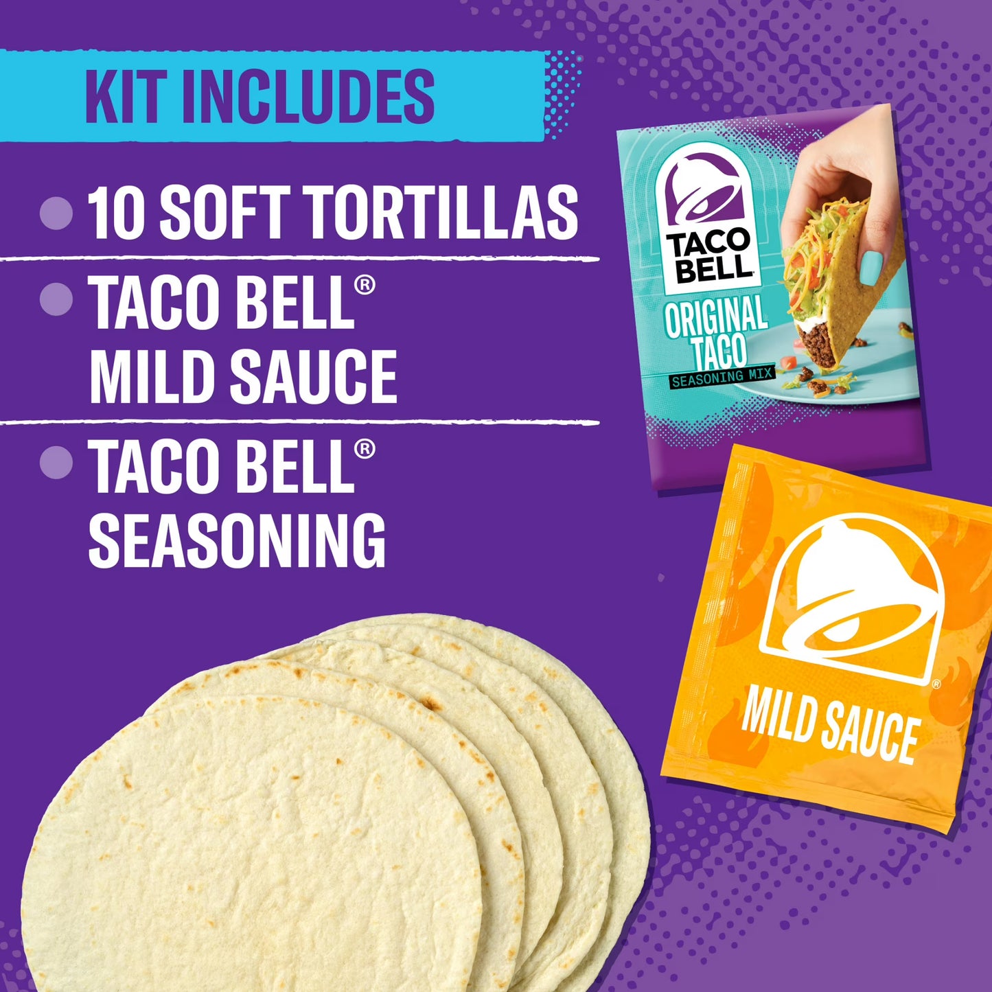(3 pack) Taco Bell Soft Taco Cravings Kit with 10 Soft Tortillas, Taco Bell Mild Sauce & Seasoning, 14.8 oz Box