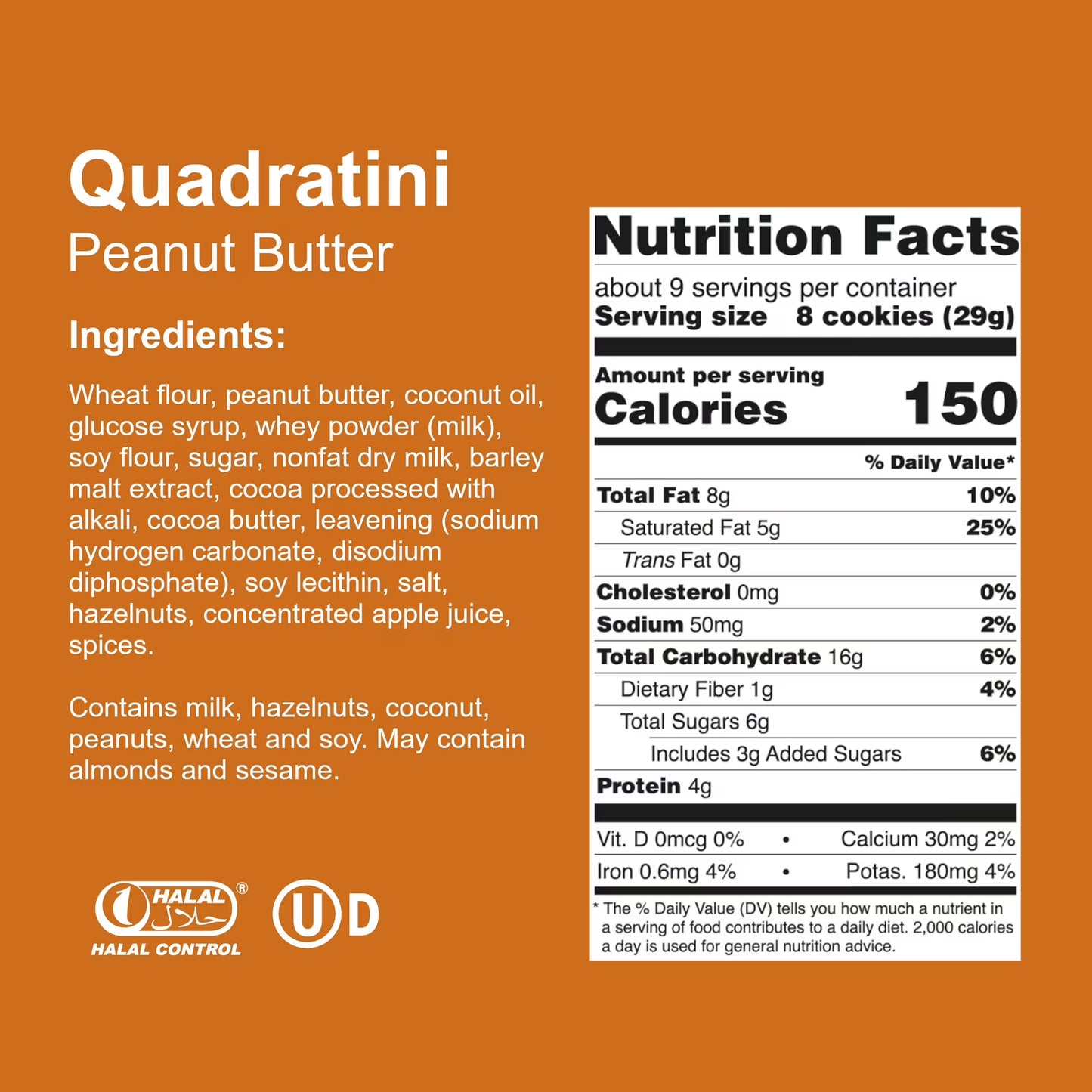 Loacker Quadratini Peanut Butter, Non-GMO Cream-Filled Bite-Size Wafer Cookies, 8.82 oz, Pack of 6