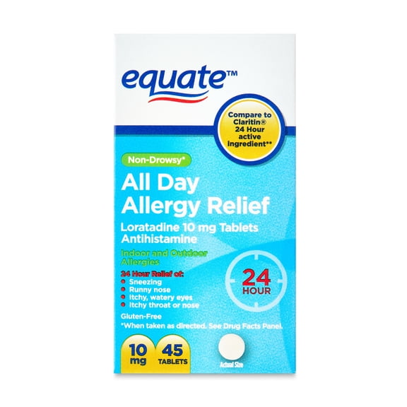 Equate Non-Drowsy All Day Allergy Relief Loratadine 10 mg Tablets Antihistamine, 45 Count, Compare to ClaritinÂ 24 Hour Active Ingredient