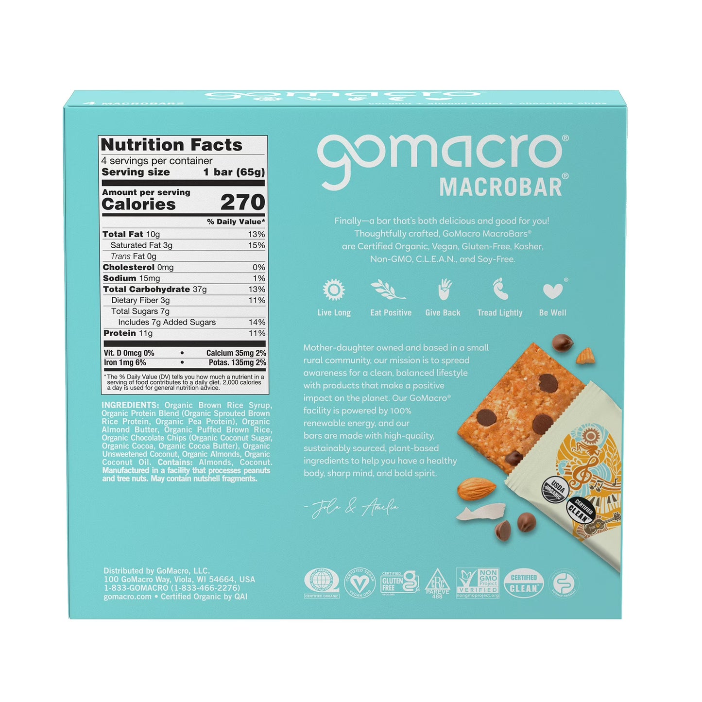 GoMacro MacroBar Organic Vegan Protein Bars - Coconut + Almond Butter + Chocolate Chips 11 grams (4 Count)