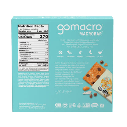 GoMacro MacroBar Organic Vegan Protein Bars - Coconut + Almond Butter + Chocolate Chips 11 grams (4 Count)