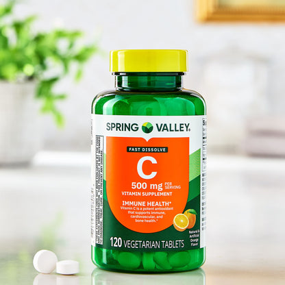 (3 pack) Spring Valley Vitamin C Dietary Supplement, Orange Flavor, 500 mg, 120 Count, Fast Dissolve Tablets for Immune Health