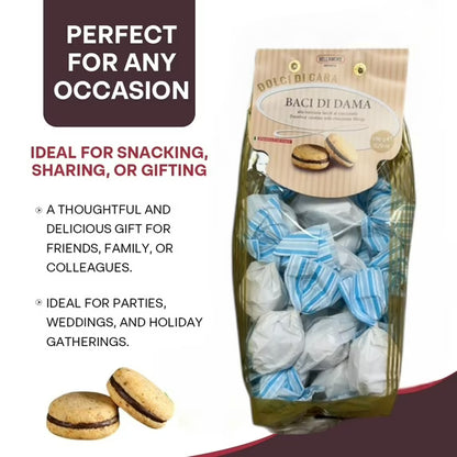 Italian Amaretti Cookies, Soft Almond Cookies Filled with Rich Chocolate Cream, 300g (2 x 150g bags), Made in Italy - Baci Di Dama
