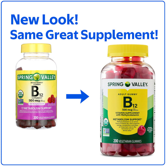 Spring Valley Vitamin B12 Supplement Vegetarian Gummies for Metabolism Support, Raspberry Flavor, 500 mcg, 200 Count