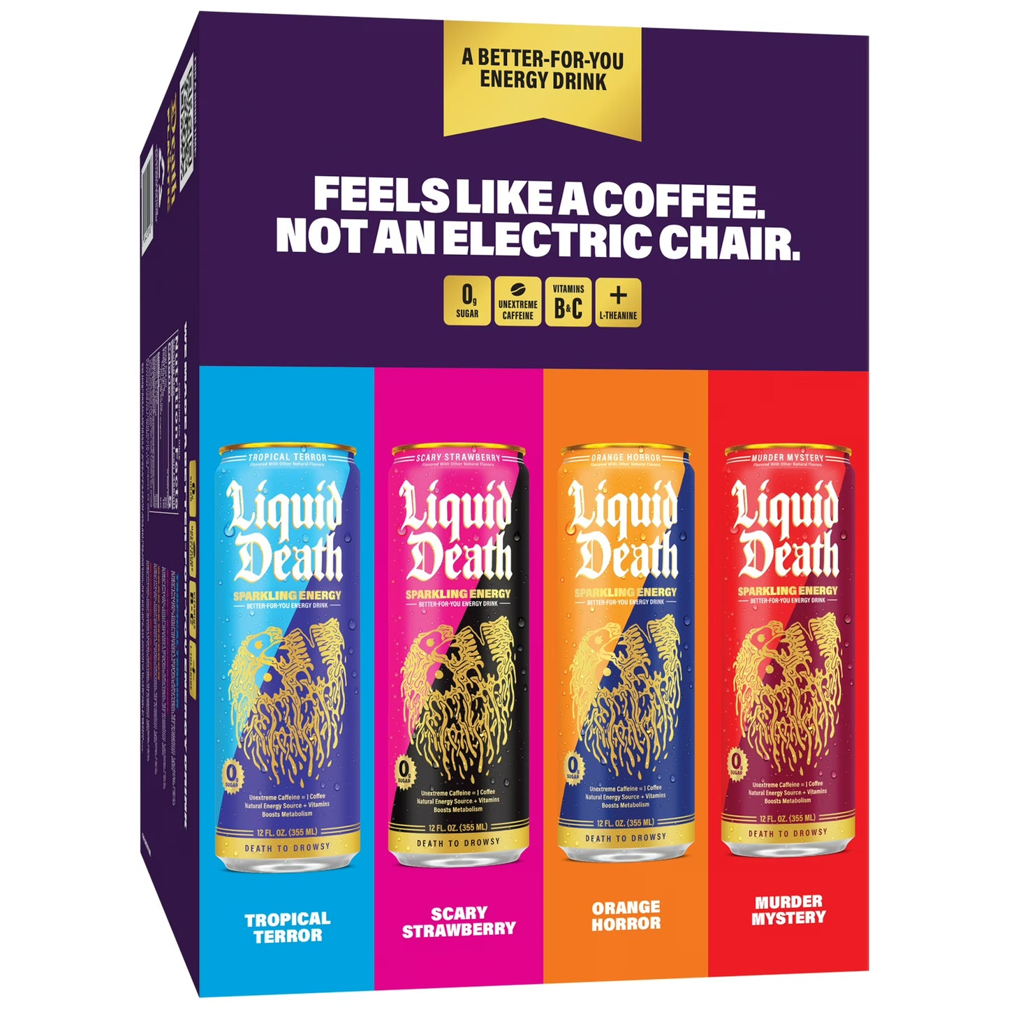 Liquid Death Sparkling Energy Variety Pack, Zero Sugar Energy Drink, Unextreme Caffeine 100mg, Essential Vitamins, 4 Flavors: Strawberry, Tropical, Orange, and Murder Mystery, 12 fl oz (Pack of 12)