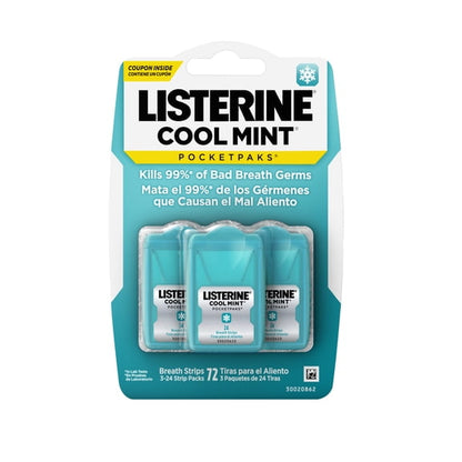 Listerine Cool Mint PocketPaks Fresh Breath Strips, 3 Pack of 24 Count