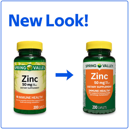 Spring Valley Zinc Dietary Supplement Caplets for Immune Health, 50 mg, 200 Count