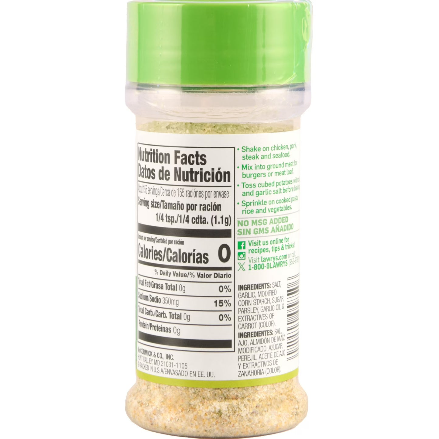 Lawry's Kosher Coarse Ground With Parsley Garlic Salt, 6.0 oz Bottle
