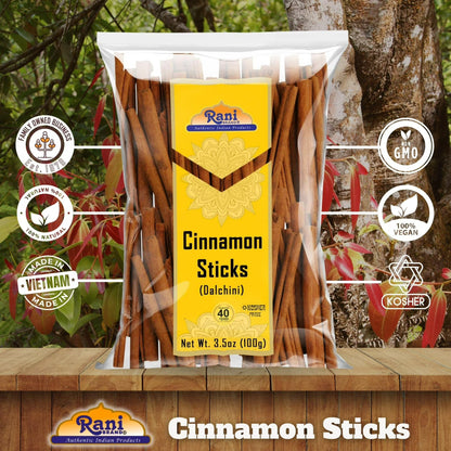 Rani Cinnamon Sticks 3.5oz (100g) - 18-22 Sticks - Strong Aroma, Perfect for Baking, Cooking & Beverages | 3+ Inches Length - Cassia Saigon Cinnamon from Vietnam | Kosher