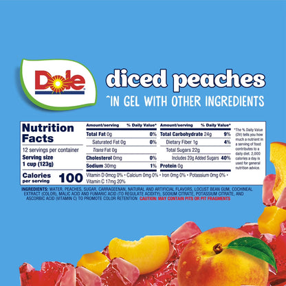 Dole Fruit Bowls Diced Peaches in Strawberry Gel, 4.3 oz Cups (12 Pack)