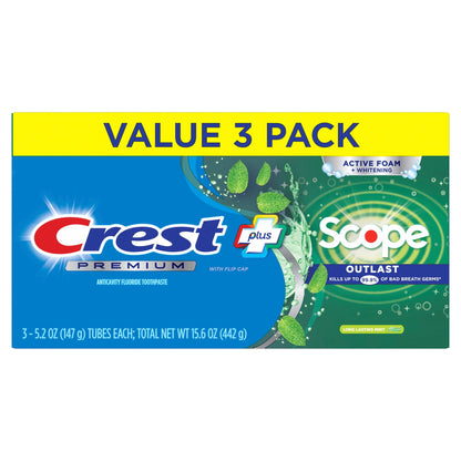 Crest Toothpaste, Premium Plus Scope Outlast Fluoride Toothpaste, Mint, 5.2 oz, 3 pack