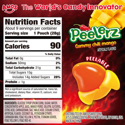 Amos Peelerz Chili Mango Gummy Candy, Mexican Candy Spicy Peelable Candy Bulk, 8.47 oz (1 Pack)