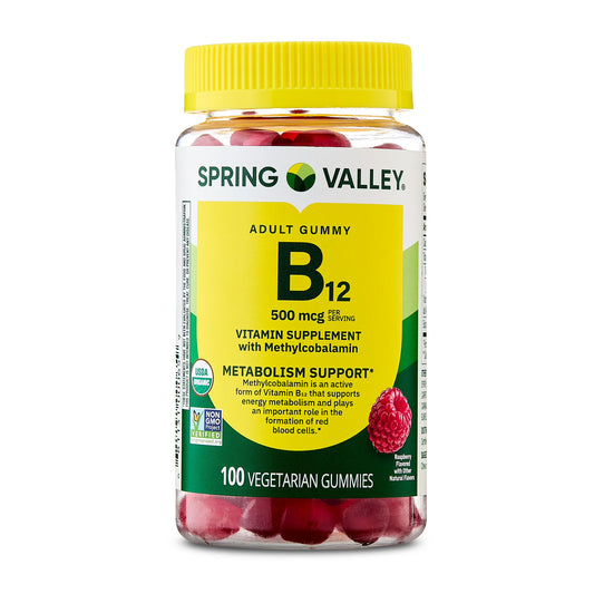 (4 pack) Spring Valley Vitamin B12 Supplement Vegetarian Gummies for Metabolism Support, Raspberry Flavor, 500 mcg, 100 Count
