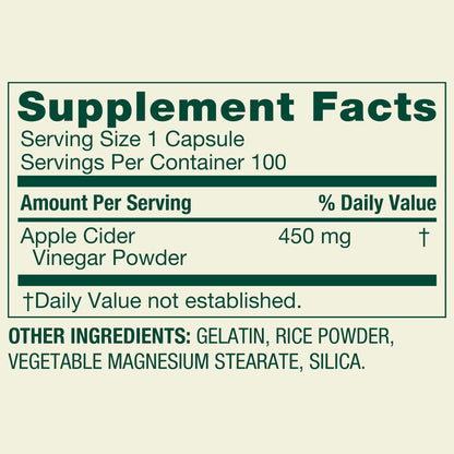 Spring Valley Apple Cider Vinegar Dietary Supplement Capsules, 450 mg, 100 Count
