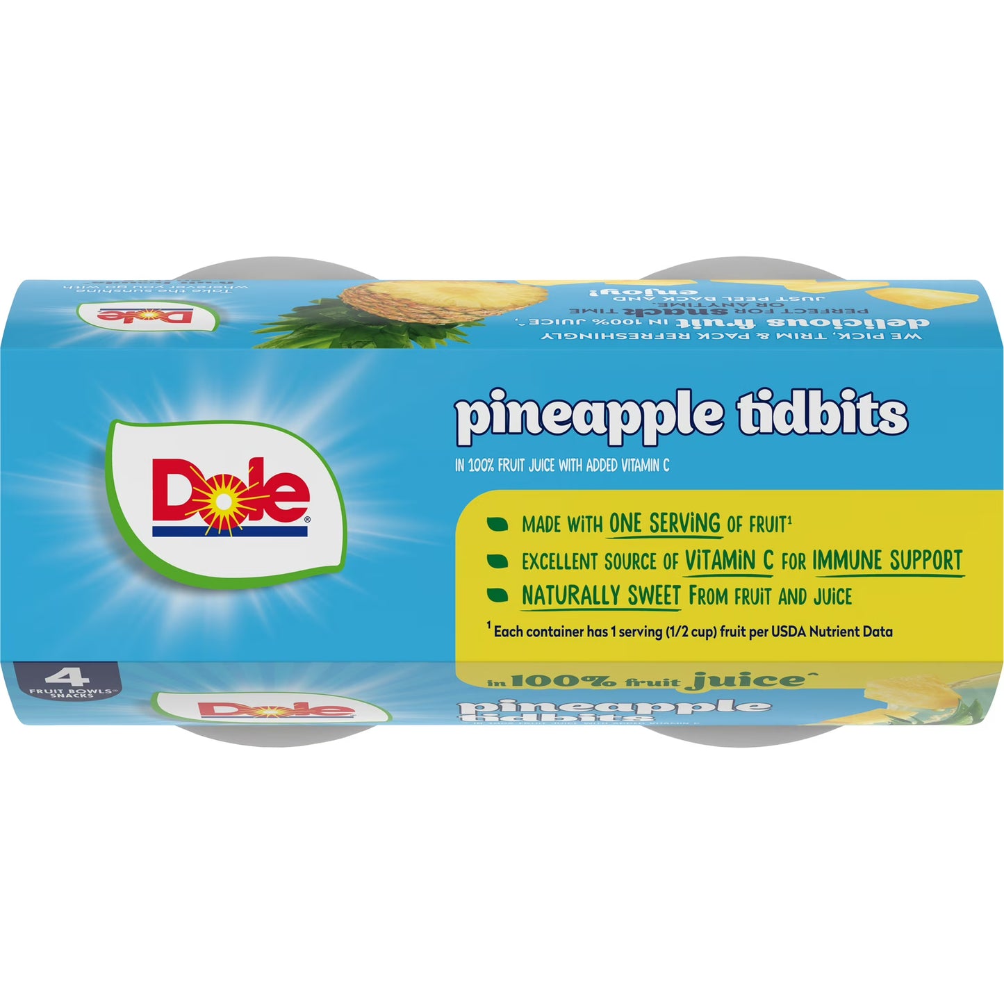 (4 pack) Dole Fruit Bowls Pineapple Tidbits in 100% Fruit Juice, 4 oz Cups (4 Pack)