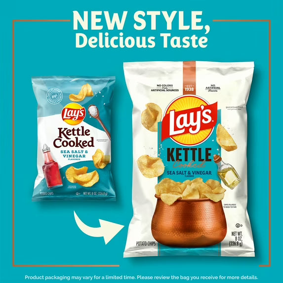 Lay’s Sea Salt & Vinegar Kettle Cooked Potato Chips Bag, 8 oz