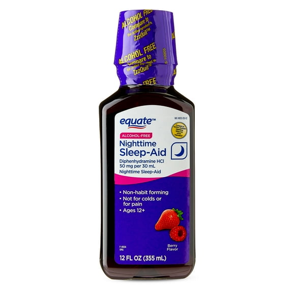 Equate Alcohol-Free Nighttime Sleep Aid Diphenhydramine 50 mg Liquid, Berry Flavor,12 fl oz , Compare to VICKS ZzzQuil Nighttime Sleep-Aid Active Ingredient