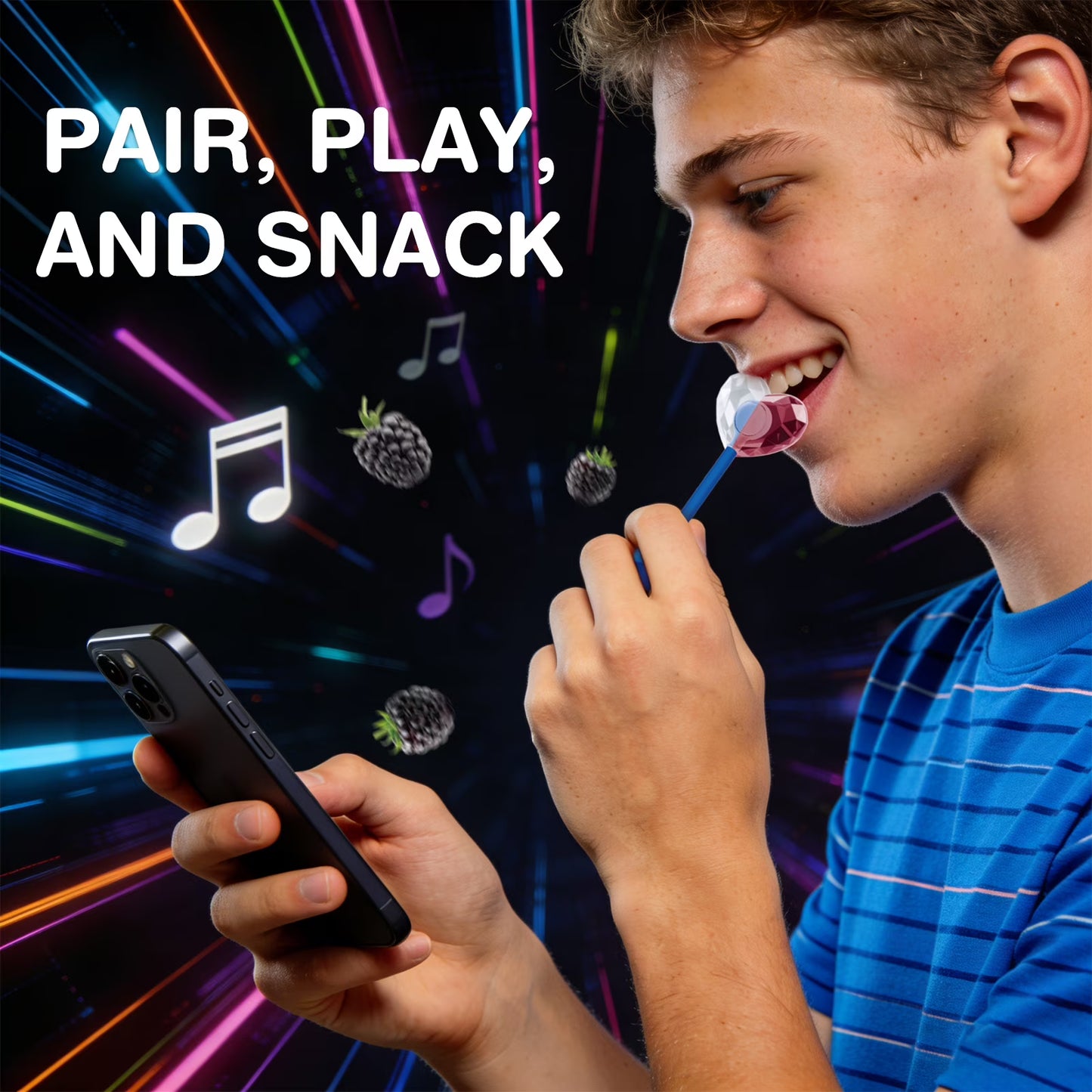 Amos Music Lollipops Natural Blackberry, Wireless Audio Lollipops, No Sugar Candy Fat-Free