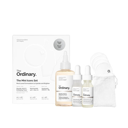 The Ordinary The Mini Icons Set, Travel Size Skin Care to Hydrate and Brighten, Glycolic Acid 7% Exfoliating Toner, Niacinamide 10% + Zinc 1%, Hyaluronic Acid 2% + B5, 4 Reusable Rounds