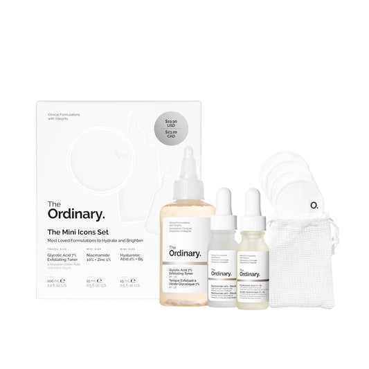 The Ordinary The Mini Icons Set, Travel Size Skin Care to Hydrate and Brighten, Glycolic Acid 7% Exfoliating Toner, Niacinamide 10% + Zinc 1%, Hyaluronic Acid 2% + B5, 4 Reusable Rounds