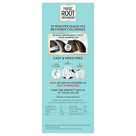 L'Oreal Paris Magic Root Permanent Hair Color Kit, 100% Gray Hair Coverage In Just 10 Minutes, Precision Brush Applicator for Seamless Application, 4 Dark Brown (1 Count)